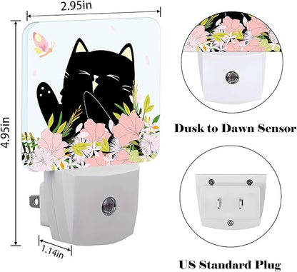 FSHVQKD Black Cat and Flowers Night Light, Plug Into Wall - Image 2