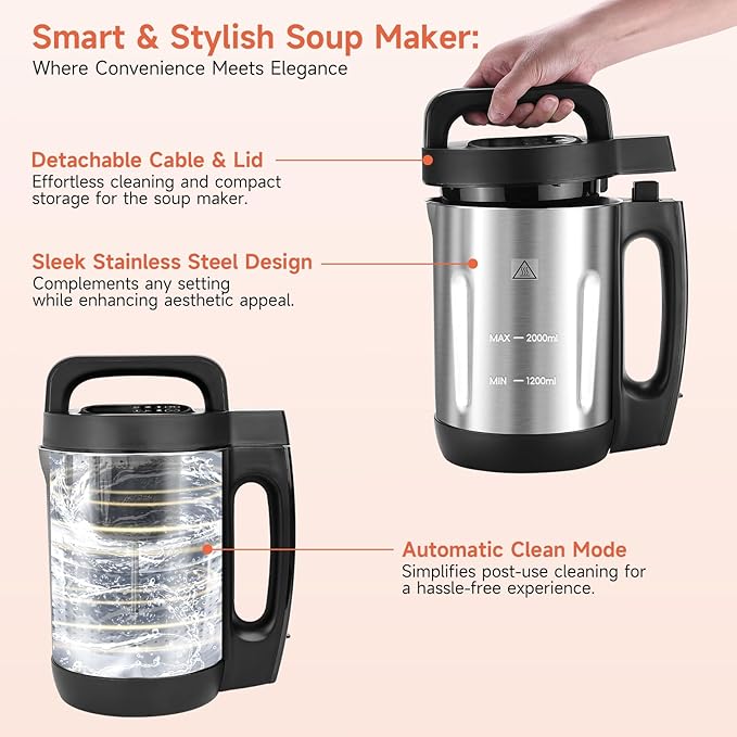Homtone Soup Maker 2L, Makes 2-6 Servings, 6-in-1 Multifunctional Smooth and - Image 5