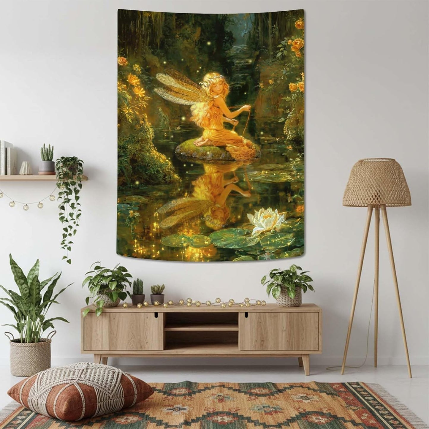Lifeel Fairy Tale Tapestry, Dreamy Magic Forest Fantasy Water Lily Pond Tapestries Wall Hanging for Girls Bedroom Home Decor, Green 36x48 inches