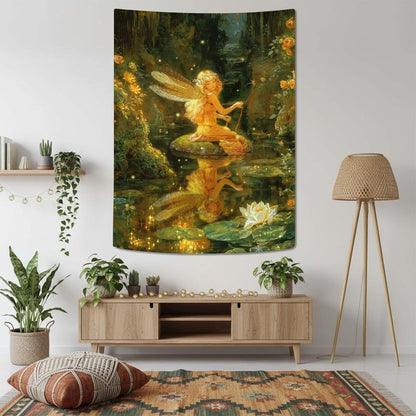 Lifeel Fairy Tale Tapestry, Dreamy Magic Forest Fantasy Water Lily Pond Tapestries Wall Hanging for Girls Bedroom Home Decor, Green 36x48 inches