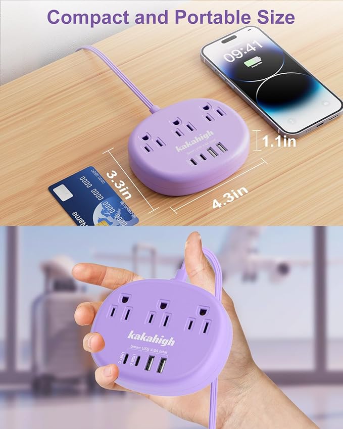 Purple Extension Cord with Surge Protected 1080J - 5 FT Flat Power Strip - Image 4