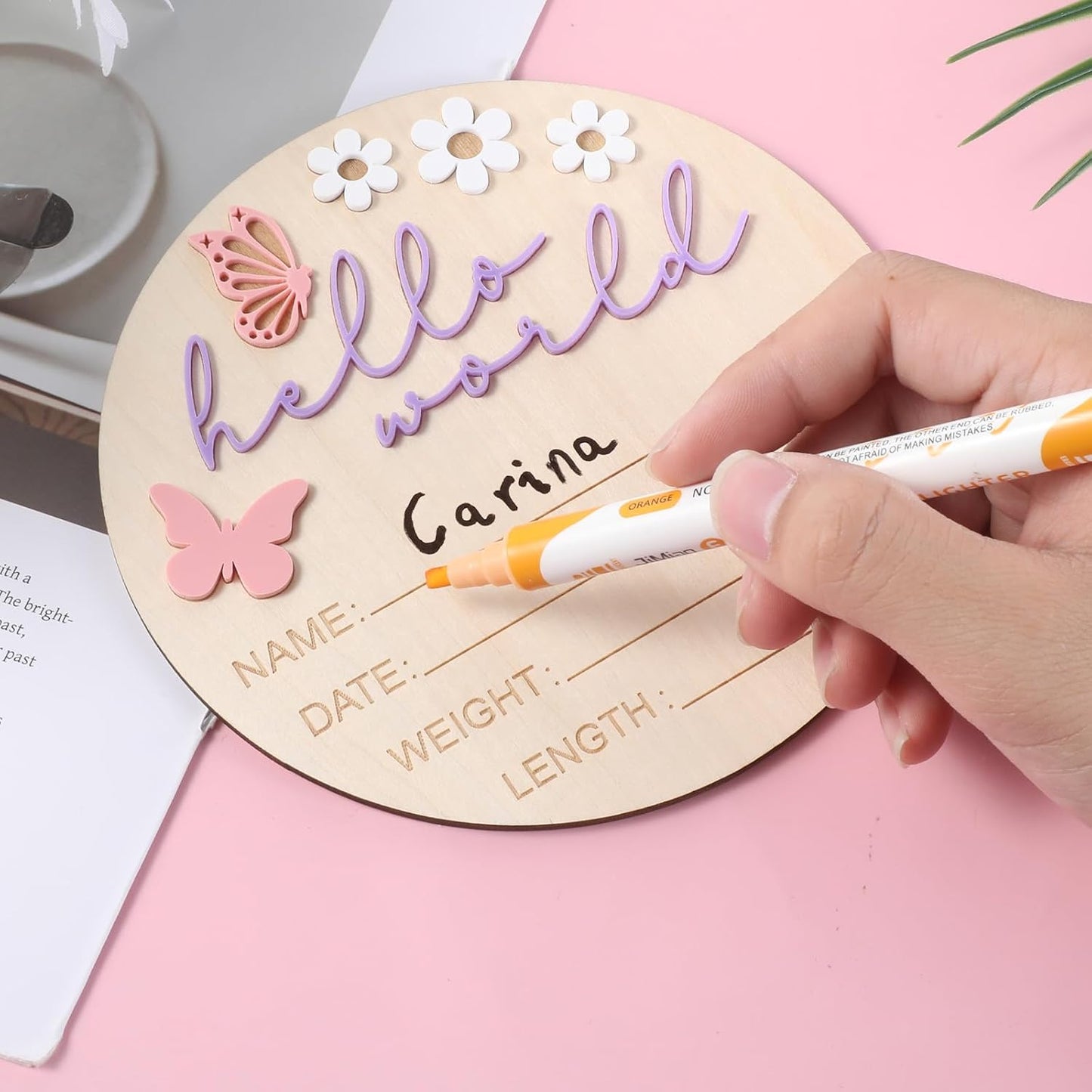 Hello World Newborn Sign, 5.9 Inch Wooden Baby Announcement Sign Pink Butterfly Style Birth Welcome Board for Newborn Boys Girls Photo Props Baby Shower Hospital Nursery (Purple)