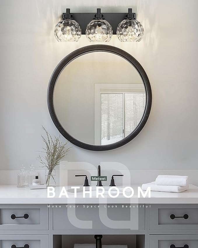 METWET Bathroom Light Fixtures Over Mirror, 3-Light Matte Black Vanity Light - Image 5
