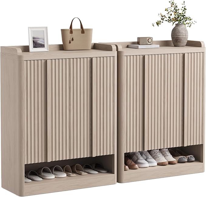 Fluted Shoe Cabinet, 25 Pair Shoe Storage Organizer Cabinet, Mid-Century Wooden by YANSNWO