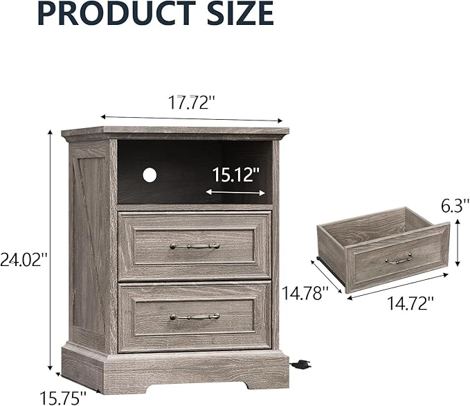 Nightstand with Charging Station, Rustic Farmhouse Wood Small Dresser, Bedside - Image 2