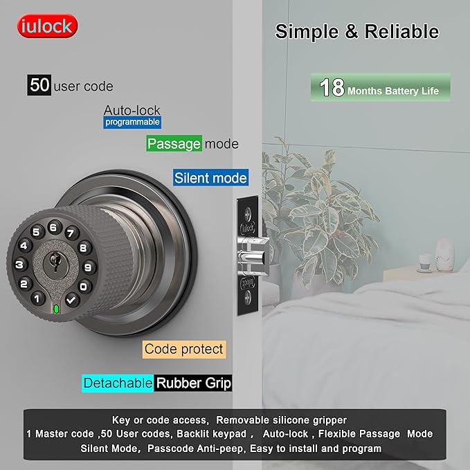 iulock Smart Door Knob with Keypad and Key, Keyless Entry Door Lock with Rubber - Image 2