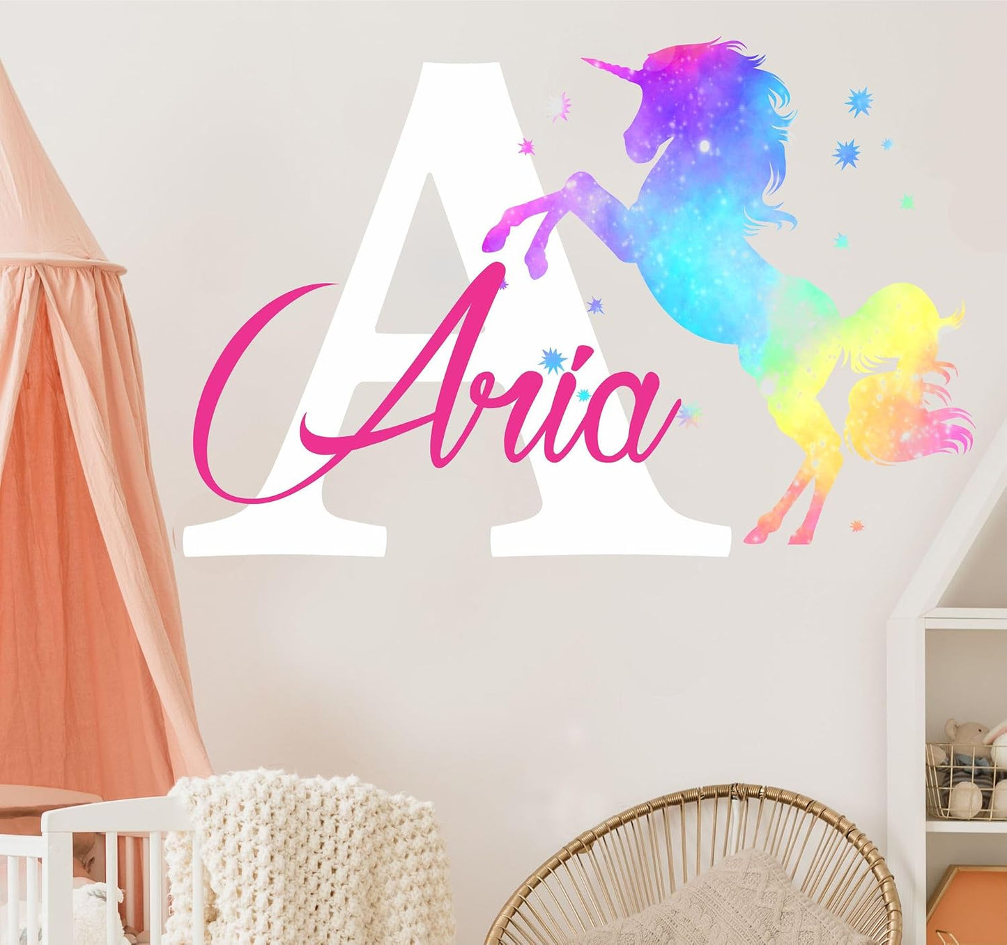 Girls Nursery Glitter Shimmer Sparkle Printed Unicorn Name and Initial Personalized Custom Name Vinyl Wall Decal, Wall Decor Sticker (Multiple Sizes to Choose from) (Rainbow Shimmer)