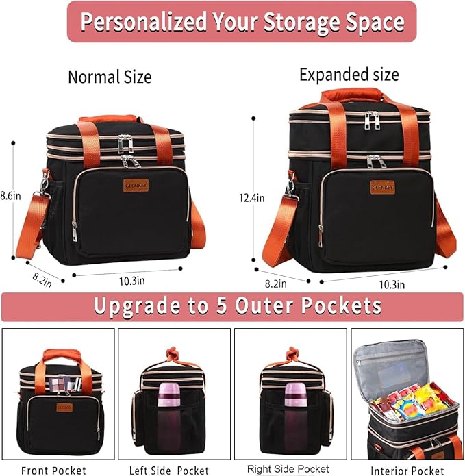 Expandable Insulated Lunch Box for Women Men, Double Deck Large Lunch Bag Tote - Image 3