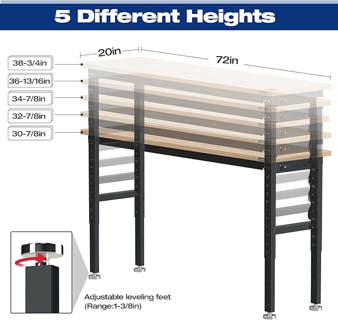 WORKPRO 72" Adjustable Workbench, 3000 LBS Load Capacity Hardwood Garage - Image 4