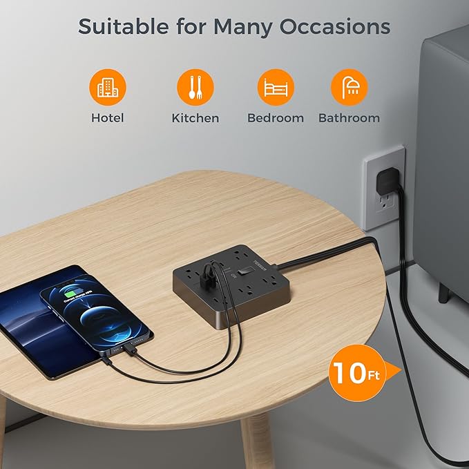 TESSAN Black Surge Protector Power Strip 10 ft Cord, Flat Plug Extension Cord - Image 3