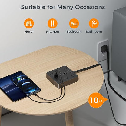 TESSAN Black Surge Protector Power Strip 10 ft Cord, Flat Plug Extension Cord - Image 3