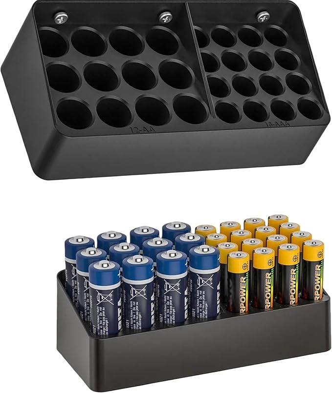 Battery Storage Organizer Battery Storage Box Black Fits 16 AAA & 12 AA by RUDDLIN