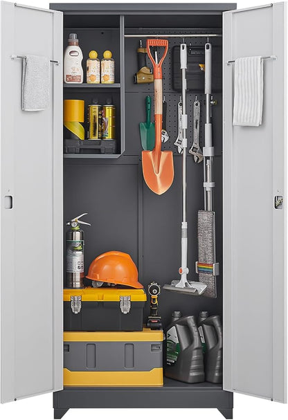 GREATMEET 72.8" Outdoor Broom Storage Cabinet, Metal Storage Cabinets - Image 8