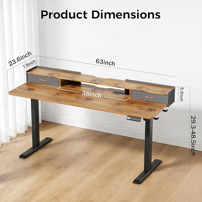Electric Standing Desk with Drawers, 63 Inch Height Adjustable Desk with Power - Image 2