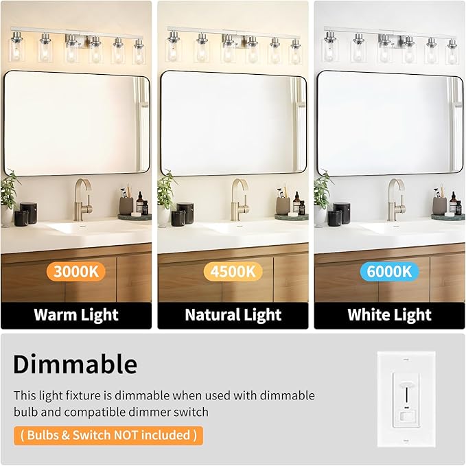 DIKAIDA Bathroom Vanity Light, 6-Light Nickel Modern Matte Wall Sconce Lighting - Image 6