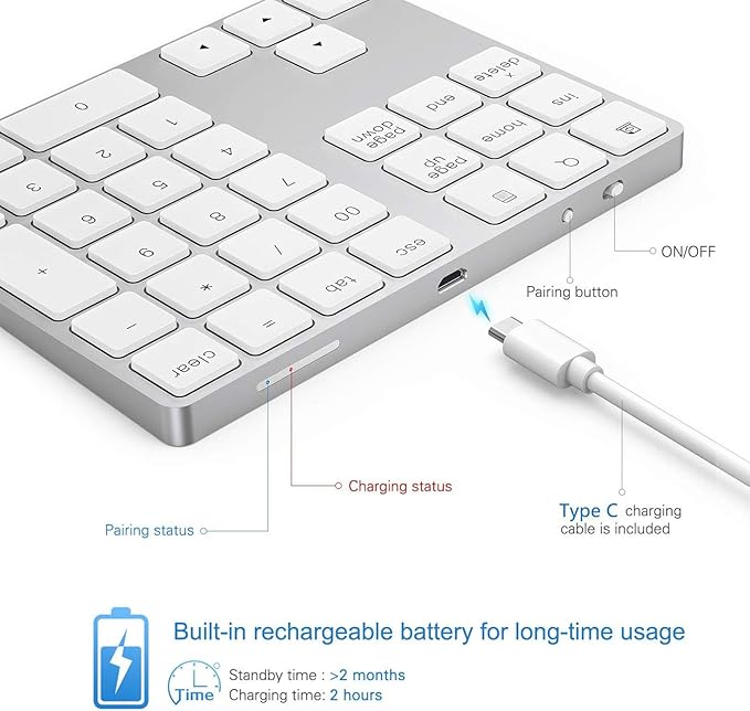 Lekvey Bluetooth Number Pad, Aluminum Rechargeable Wireless Numeric Keypad Slim - Image 6