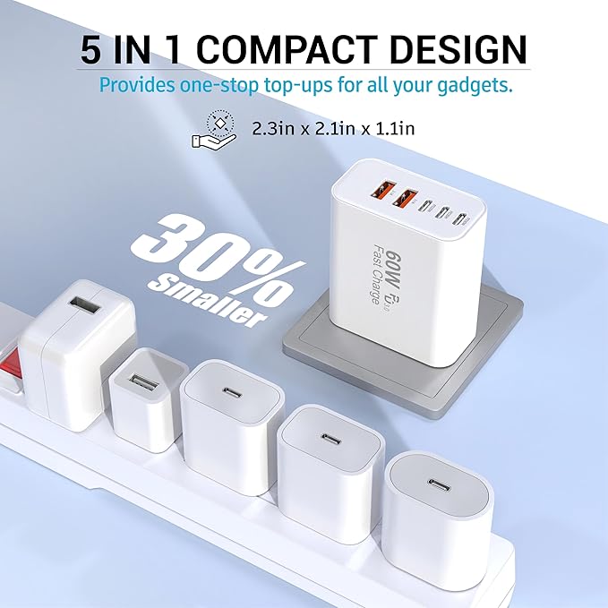 TZBAY 2-Pack 60W USB C Charger Block, 5-Port Fast Wall Charger Station - Image 6