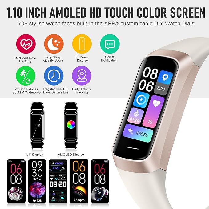 Fitness Tracker with 24/7 Heart Rate Blood Oxygen Sleep Monitor, 1.1" AMOLED - Image 2