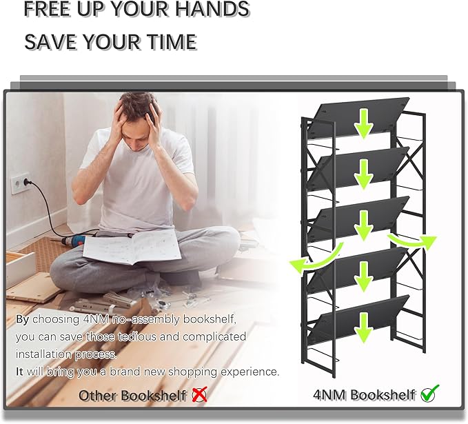 4NM 5 Tiers No Assembly Book Shelves, 51.2" H Folding Bookshelf Bookcase Open - Image 7