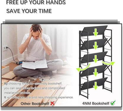 4NM 5 Tiers No Assembly Book Shelves, 51.2" H Folding Bookshelf Bookcase Open - Image 7