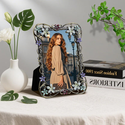 Vintage Photo Frame 4x6, Metal photo frame with European Floral Ornate Enamel Flower & Bronze Metal Design with HD Glass for Wedding Valentine's/Mother's Day Gifts