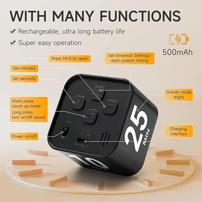 Rotating Productivity Timer 5, 50 Minutes Preset, Desk Cube w/Gravity Sensor - Image 4