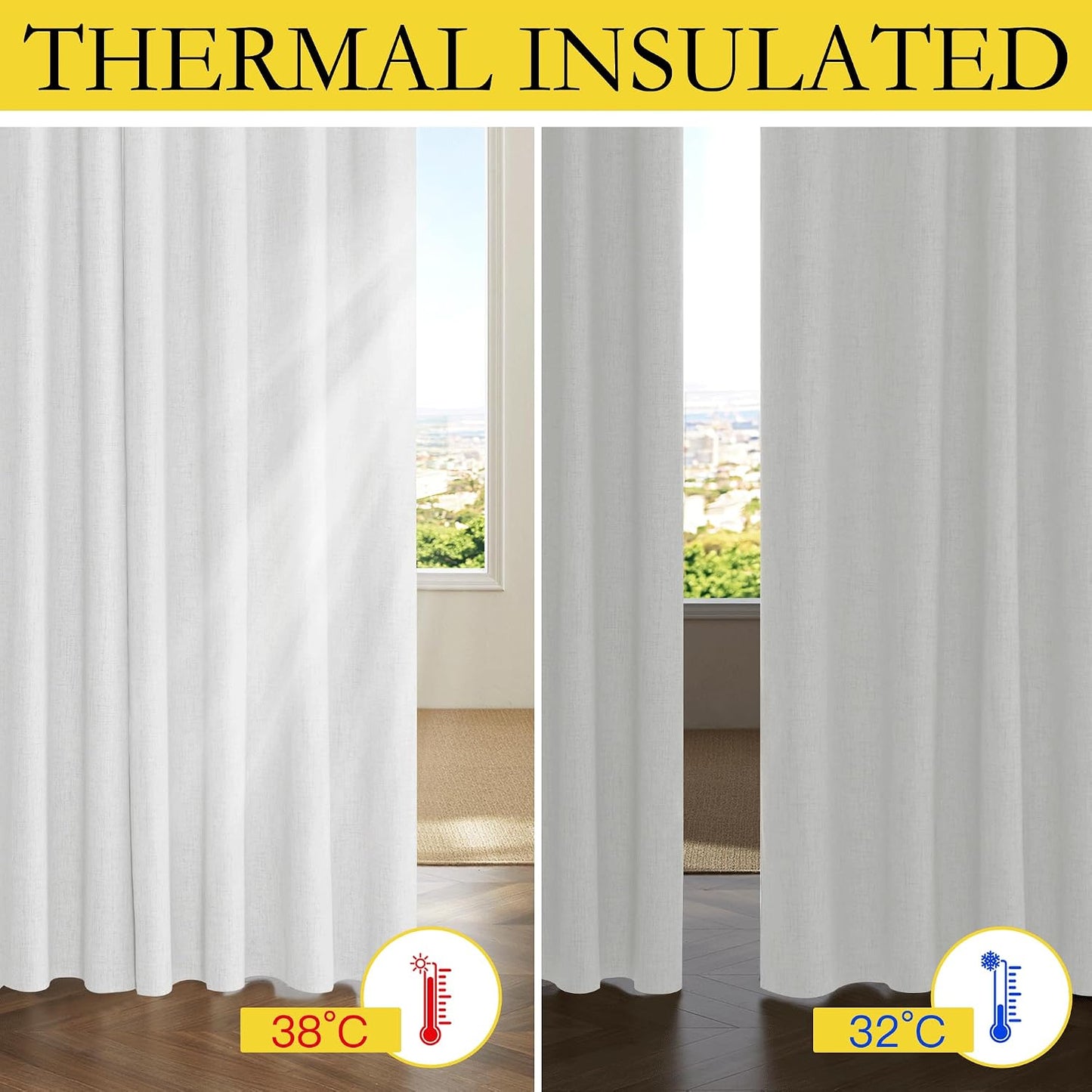 NICETOWN 100% Absolutely Blackout Linen Curtains with Thermal Insulated Liner, Greyish White, 42" Wide, 63" Length Energy Saving Curtains for Classroom 2 Panels Set, Vertical Blinds