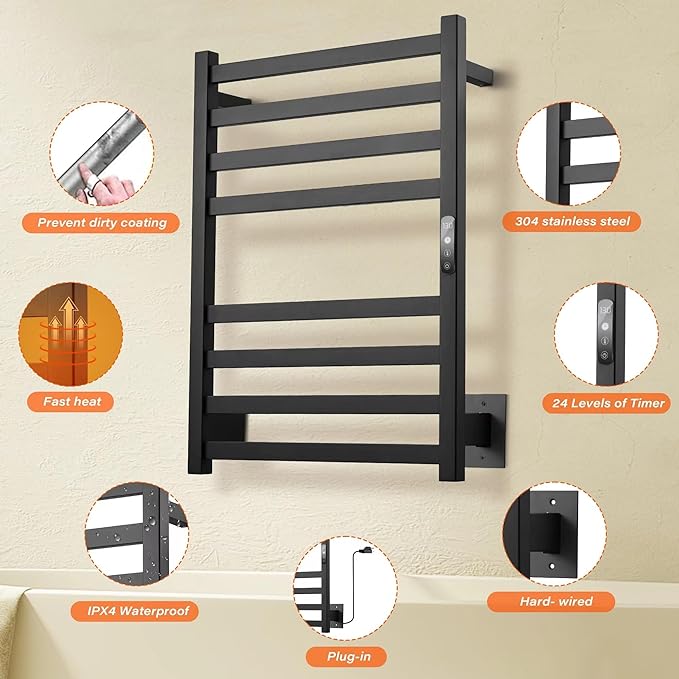 Towel Warmer Matte Black Heated Towel Rack - Image 4