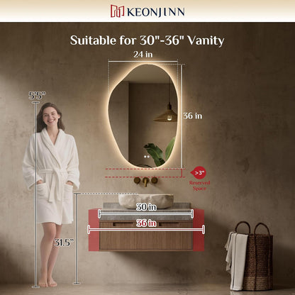 Keonjinn 24 x 36 Inch Irregular Bathroom Mirror with Lights, Tempered Glass | Asymmetrical Backlit Mirror, Stepless Dimmable with 3 Colors, Fast & Safe Defogging, Memory Function, Horizontal/Vertical