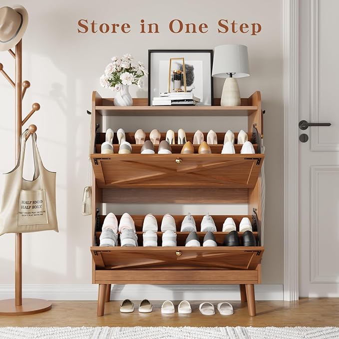 Shoe Storage Cabinet with 2 Flip Drawers & Adjustable Shelves, Narrow Shoe - Image 5
