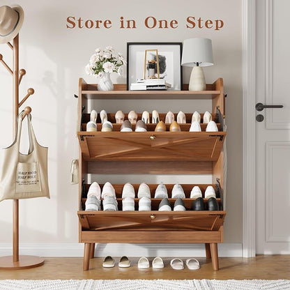 Shoe Storage Cabinet with 2 Flip Drawers & Adjustable Shelves, Narrow Shoe - Image 5