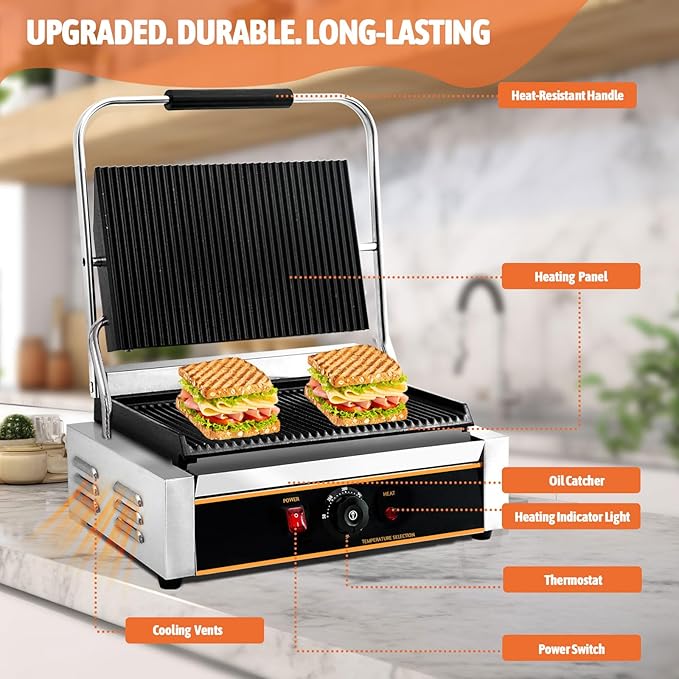 Commercial Panini Press Grill 2200W Countertop Electric Sandwich Maker - Image 5