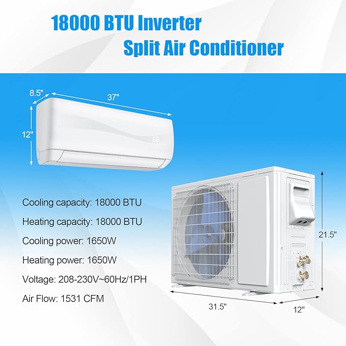 RELAX4LIFE Mini Split Ac/Heating System, 18000 BTU Ductless Mini Split Air - Image 8