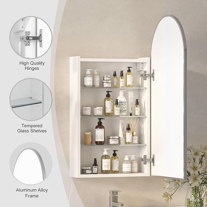 Arched Medicine Cabinets with Mirror, Wall Mounted Brushed Nickel Mirror Cabinet - Image 5