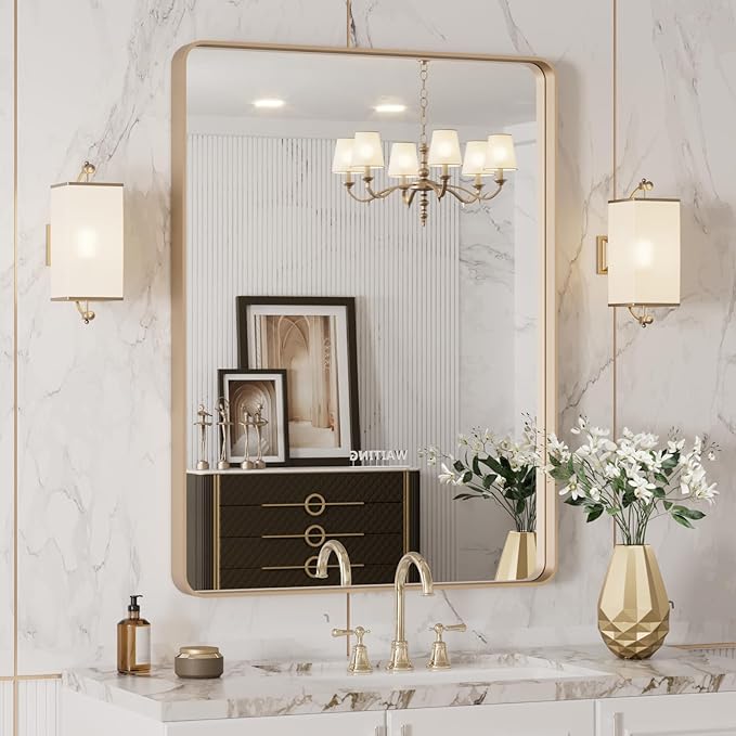 LOAAO 24”X32” Gold Bathroom Mirror, Rounded Rectangle Gold Frame Mirror by LOAAO
