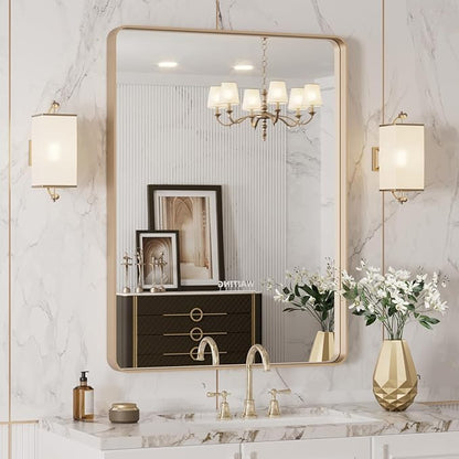 LOAAO 24”X32” Gold Bathroom Mirror, Rounded Rectangle Gold Frame Mirror by LOAAO