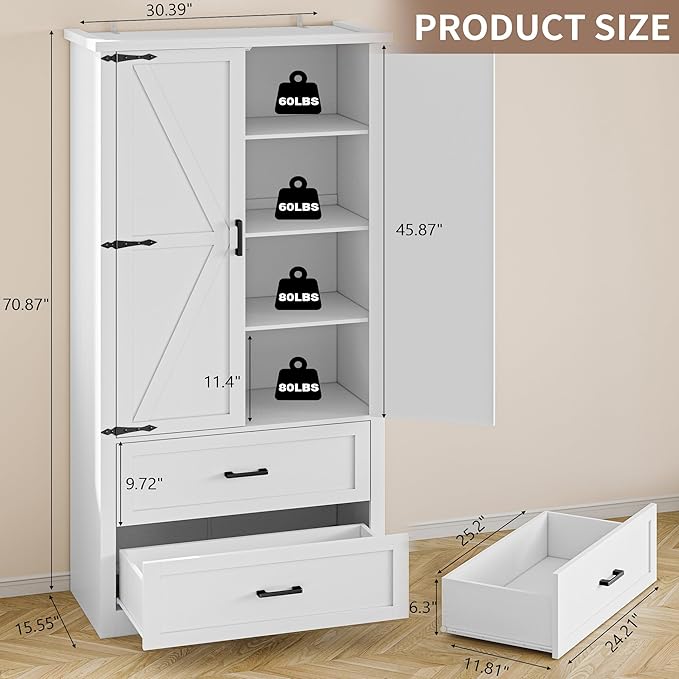 Pantry Organizers and Storage Cabinet, 71” Barn Door White Kitchen Cabinet - Image 2