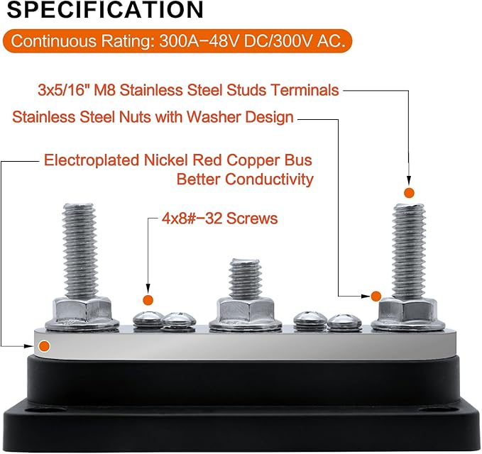 AMOMD 300A Bus Bars 3 Terminal Studs M8 4x8#-32 Screws Nickel Plated Copper - Image 2