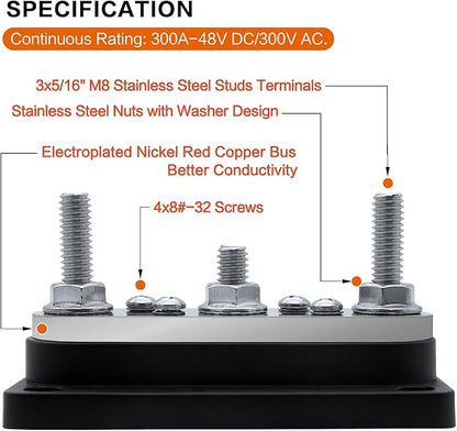 AMOMD 300A Bus Bars 3 Terminal Studs M8 4x8#-32 Screws Nickel Plated Copper - Image 2