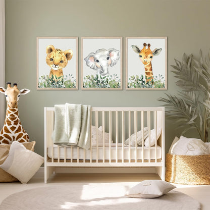 Baby Safari Nursery Wall Decor - Set of 3 Pictures Cute Animal Wall Prints on Canvas Jungle Nursery Safari Decor gifts for Baby Boys and Girls Room, Framed Wall Art (Framed 12 x16in)