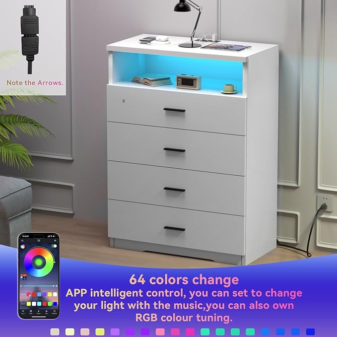 Dresser with Power Outlets and LED Lights Wooden 4 Drawer Dresser with Large - Image 4