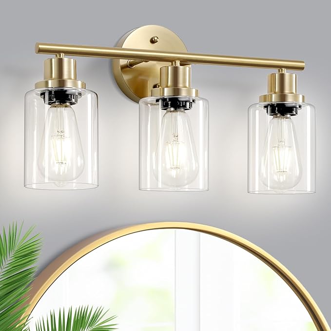 Guliaofo 3-Light Brushed Gold Vanity Lights, E26 Modern Bathroom Light Fixtures by GuliaofoLights