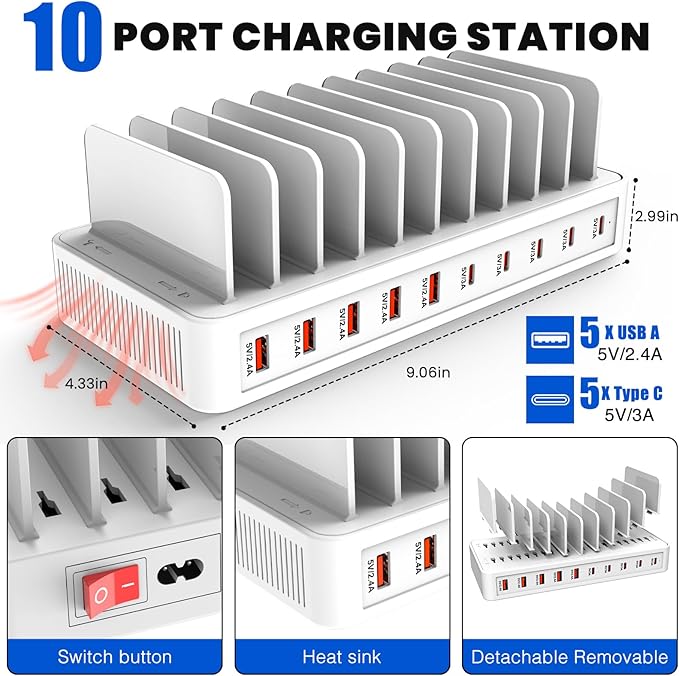 RISWOJOR Charging Station for Multiple Devices, 100W 10 Ports Charging Dock - Image 3