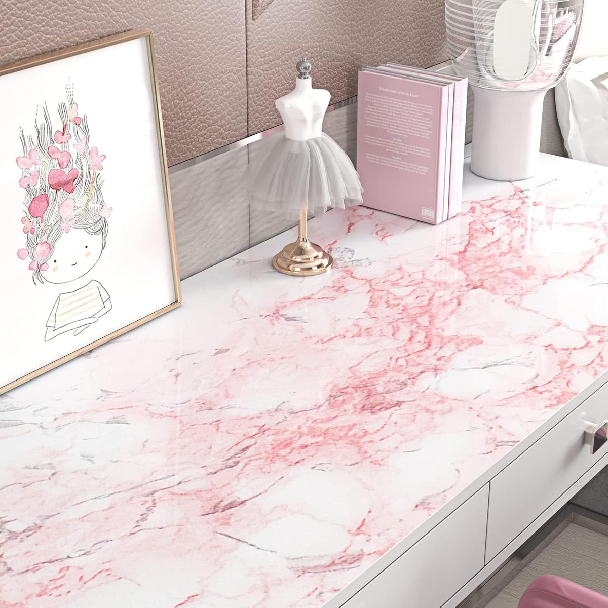 Livelynine 24x197 Marble Contact Paper Peel and Stick Countertops Waterproof Hot Pink Marble Wallpaper for Walls Bedroom Shower Bathroom Wall Paper Decor Kitchen Vinyl Wrap Shelves Counter Desk Cover