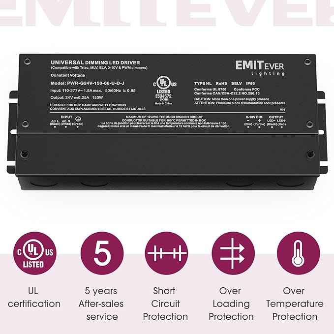 EMITEVER Dimmable Led Driver, 2 Packs 150W AC 110V-277V to DC 24V Transformer - Image 7