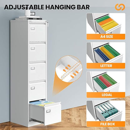 5 Drawer File Cabinet with Lock, Metal Filing Cabinets - Image 5