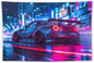 ANMOGID R35 Car Tapestry for Men Teen Boys, Neon Sports Car Tapestries City Night Wall Hanging Aesthetic Decoration for Bedroom Living Room Dorm Rainy Night Light Track Wall Art Decor 59"x39"