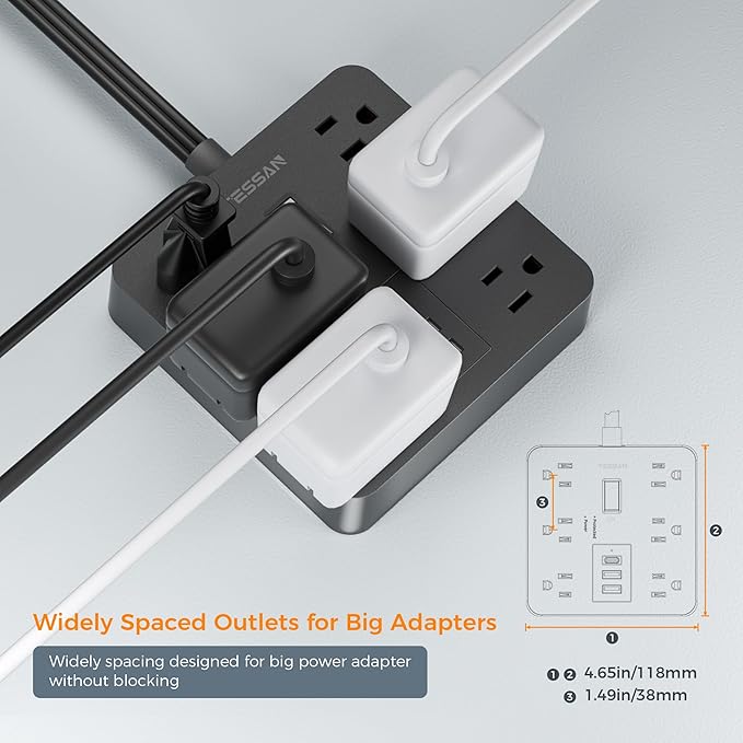 TESSAN Black Surge Protector Power Strip 10 ft Cord, Flat Plug Extension Cord - Image 2