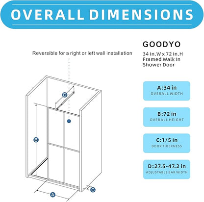Goodyo 34"- 46" x 72" Glass Shower Door Clear Tempered Glass Panel Fixed Shower - Image 6