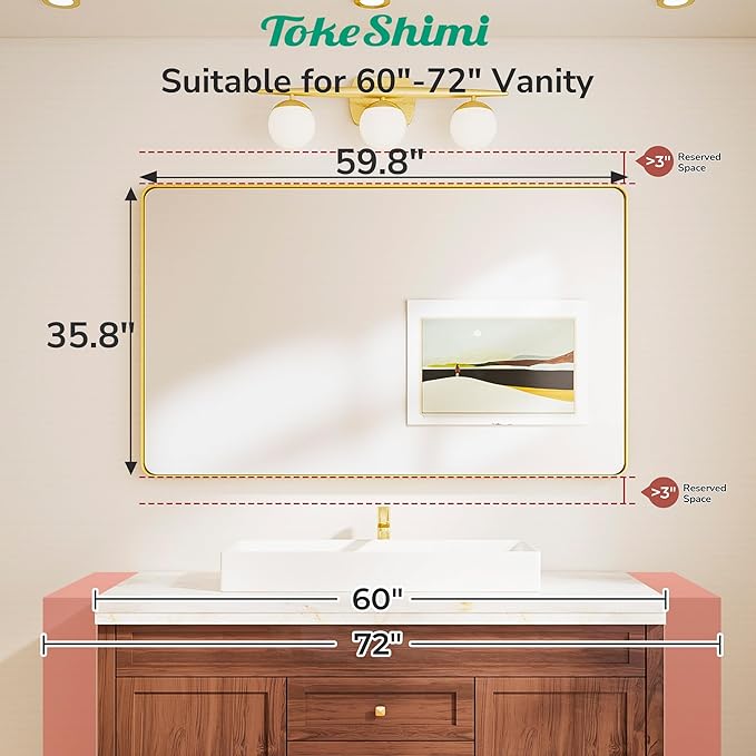 TokeShimi Black Vanity Mirror 60x36, Bathroom Mirror Framed Seamless, Tempered - Image 2